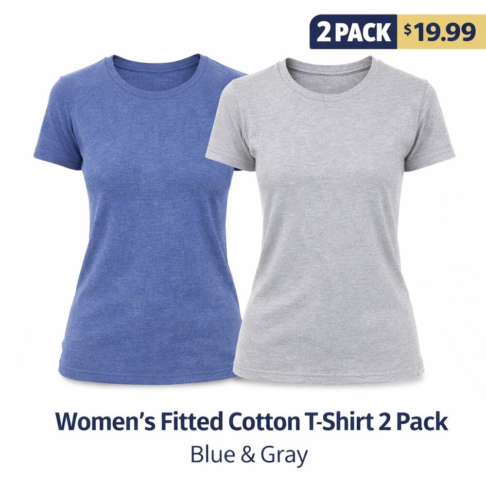 Women's Cotton T Shirt 2 Pack Lightweight Soft Slim Fit Blue Gray Crew Neck S-L